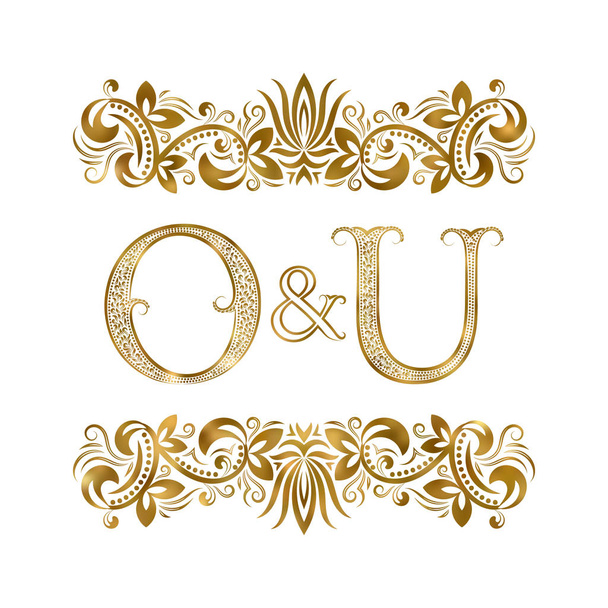 O ve U vintage baş harfleri logo sembol. Harfleri süs öğeleri tarafından çevrili. Düğün ya da iş ortakları monogram Kraliyet tarzı. - Vektör, Görsel