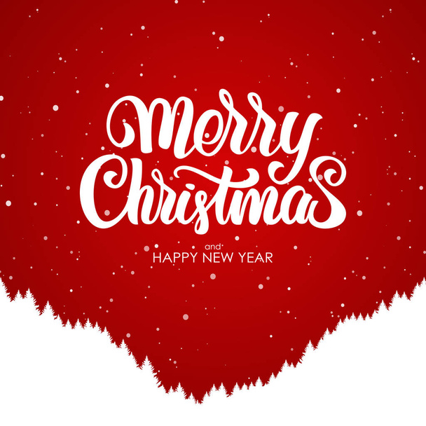 Merry Christmas and Happy New Year. Handwritten lettering with silhouette of forest hillside on red background. - Vector, Image