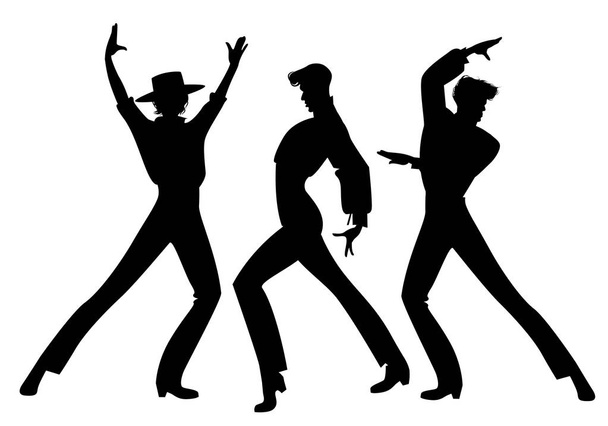 Kolmen tyypillisen espanjalaisen flamenco-tanssijan siluetti. Tyylikkäät miehet tanssivat flamencoa
. - Vektori, kuva