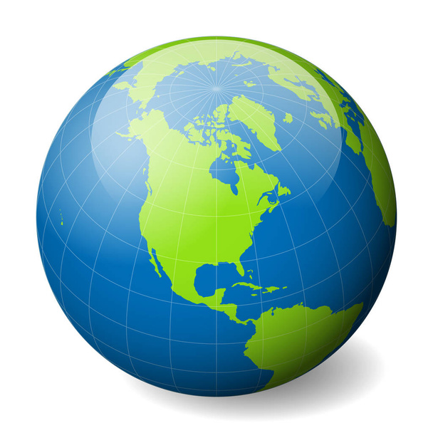 Earth globe with green world map and blue seas and oceans focused on North America. With thin white meridians and parallels. 3D glossy sphere vector illustration - Vetor, Imagem