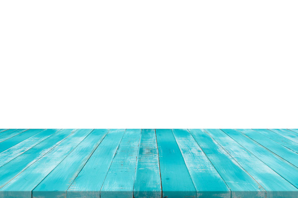Lege hout blauw tafelblad op witte geïsoleerde achtergrond - Foto, afbeelding