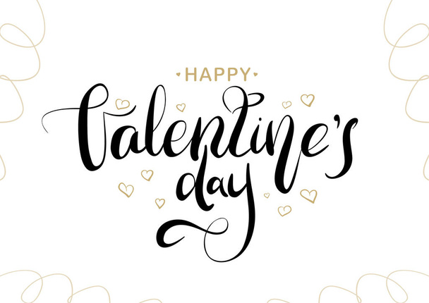 Handwritten modern brush lettering of Happy Valentines Day with Golden hand drawn hearts. - Vector, Image