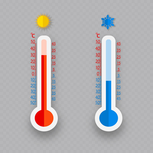 Meteorology thermometers isolated. Cold and heat temperature. Vector illustration. Celsius and fahrenheit - Vetor, Imagem