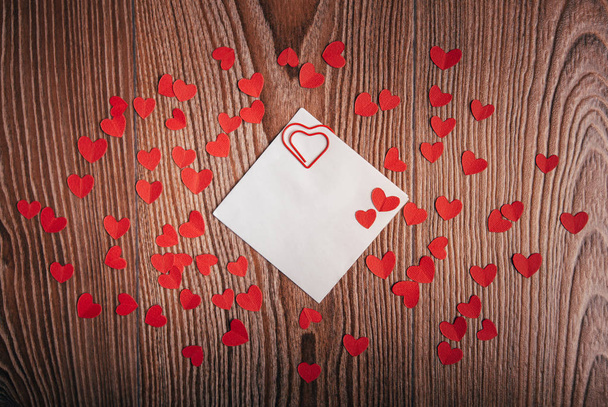 Valentine's day background with love letters, keys and heart shapes. New house. View from above - 写真・画像