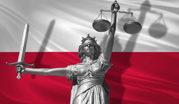 Dekking over het recht. Standbeeld van god van Justitie Themis met achtergrond van de vlag van Polen. Originele standbeeld van Justitie. Femida, met schaal, symbool van Justitie met Polen vlag 3D-rendering. - Foto, afbeelding