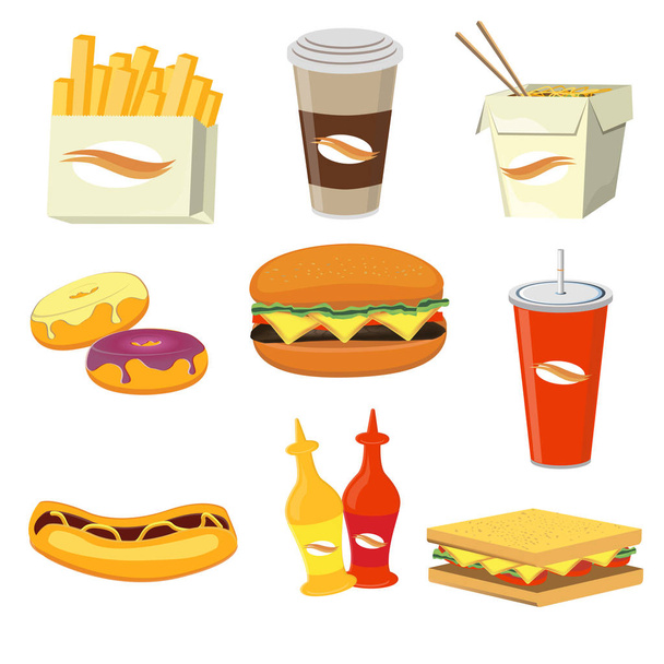Fast food yemekler ve içecekler düz simgeler vektör çizim. - Vektör, Görsel