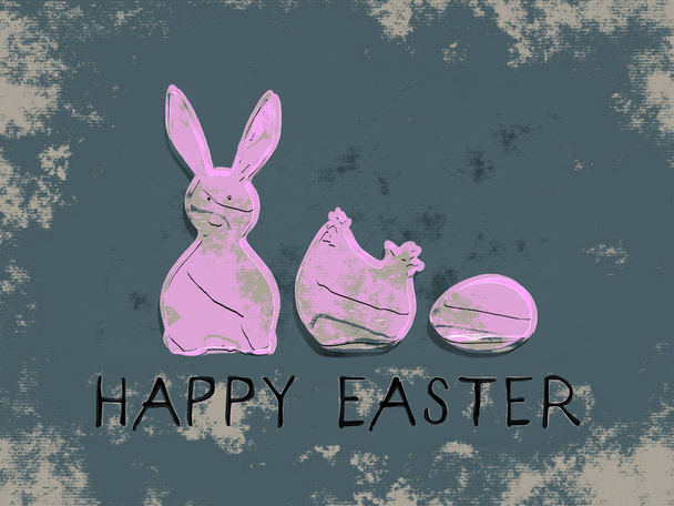 Illustratie van konijn, kip en ei, decoratie poster - Foto, afbeelding