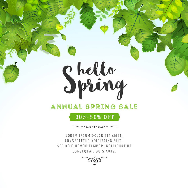 Illustration of a spring season background, with green leaves, from various plants and trees species and annual sale - Vector, Image