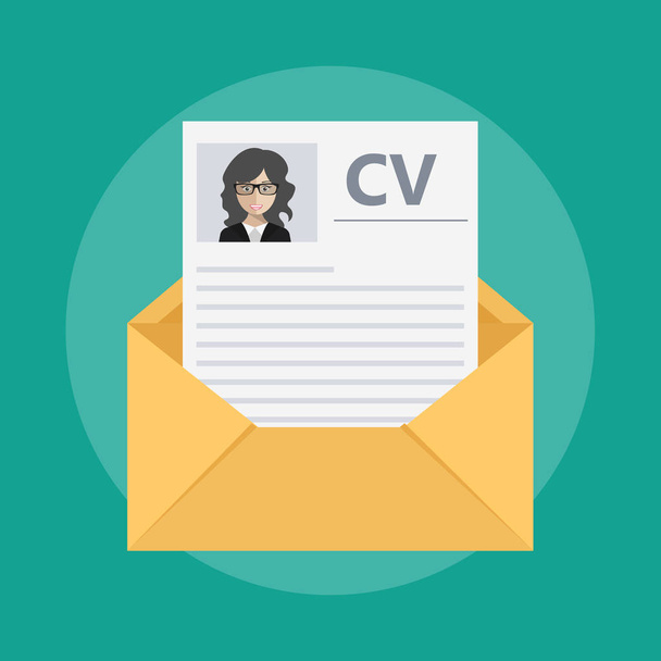 Envelope with a curriculum vitae. Flat vector illustration - Vector, Image