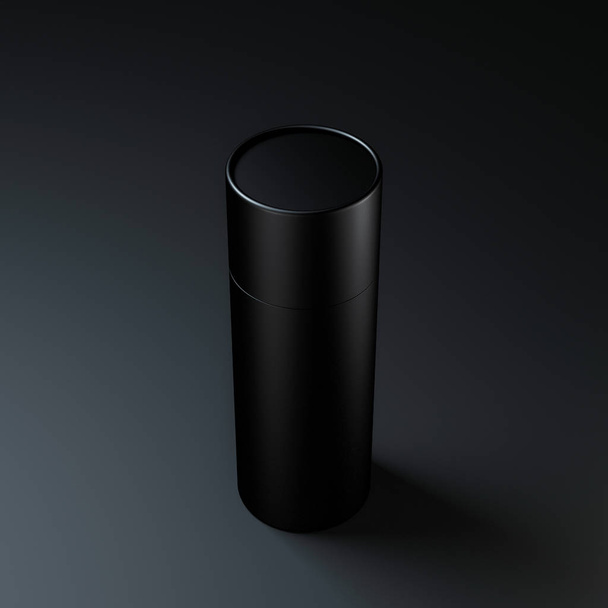 Standing Black paper tube tin can mockup on black, 3d rendering - Foto, imagen