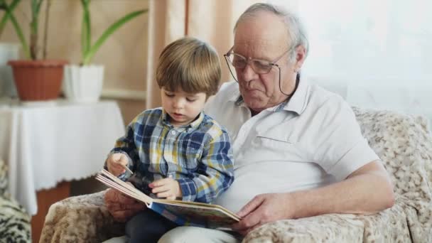 Miły mały chłopiec czytanie książki dziadek - Materiał filmowy, wideo