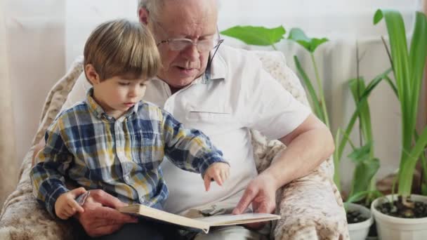 Kleiner Junge liest mit seinem Großvater ein Buch - Filmmaterial, Video