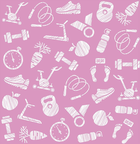 Fitness, sports training, seamless pattern, shading, pencil, purple, vector. Fitness and a healthy lifestyle. Monochrome, flat icons. Hatching white pencil on purple field. Imitation. Vector pattern.  - Vector, Image