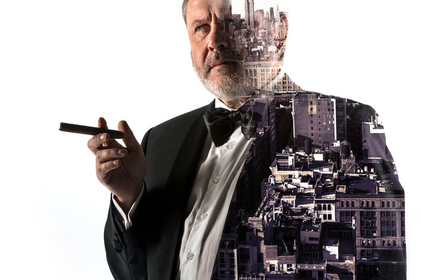 Portrait of bearded businessman. Double exposure city on the background. - 写真・画像