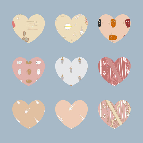 Set of 9 hearts with doodle pictures - Vector, Imagen