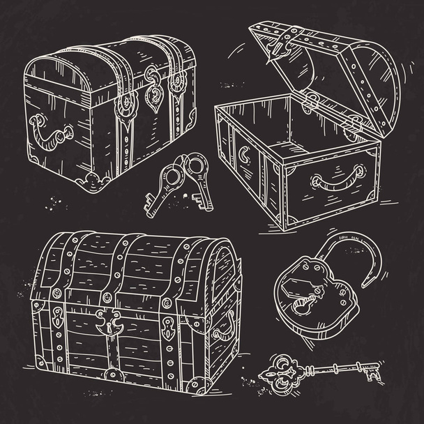 old pirate chests with lock and keys drawn on black background - Vector, Image