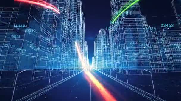 Kolor pociągnięcia latające miasto w nocy cyfrowy z liczb i siatki. 3D blueprint. Biznesowych i koncepcji technologii. animacji 3D. 4k Uhd 3840 x 2160. - Materiał filmowy, wideo