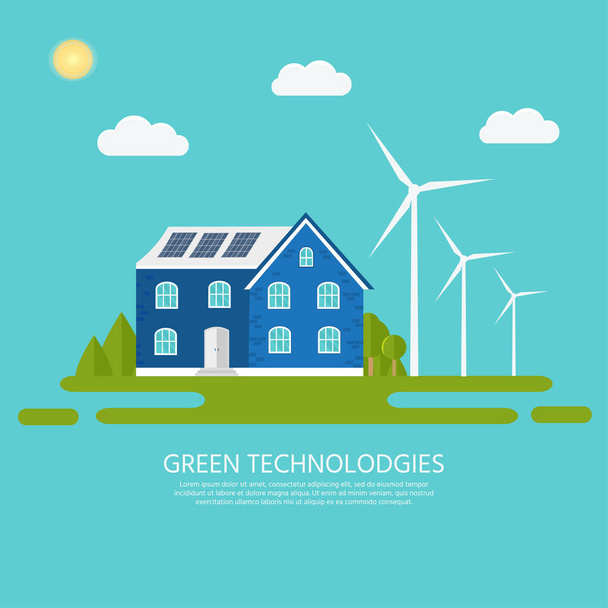 Puhdas moderni talo aurinkopaneelit. Ympäristöystävällinen vaihtoehtoinen energia. Ekosysteemi-infografia. Tasavektorin kuva
. - Vektori, kuva