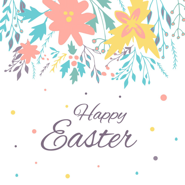 Easter banner background, template with beautiful spring flowers, wreath, leaves, dots. Modern postcard or invitation for holiday. - ベクター画像