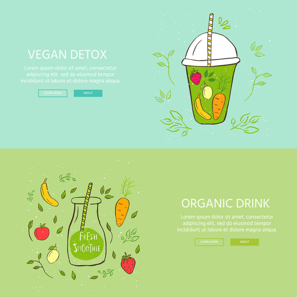 Hand drawn banner with glass and smoothies. Apple, berry, banana, carrot, lemon green detox. Organic fruit shake cocktail. Eco healthy ingredients. Vector illustration for restaurant, bar, menu. - Vector, Image