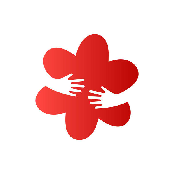 Human hands embracing red flower. Creative template logo for business or medicine. Icon isolated - Διάνυσμα, εικόνα