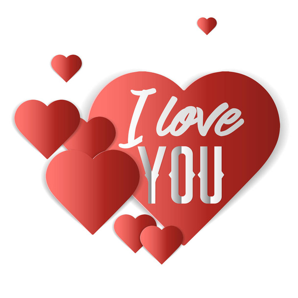 Greeting poster or banner with decorative Valentine elements. Paper hearts with I love you text. - Vektor, kép