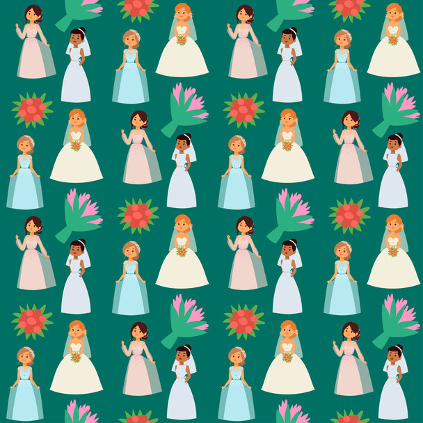 Casamento noivas personagens vetor ilustração celebração casamento moda mulher desenho animado menina branco cerimônia casar vestido sem costura padrão fundo
 - Vetor, Imagem