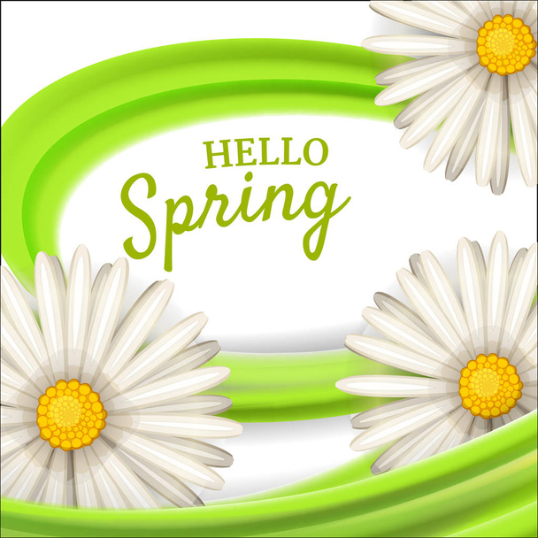 Hallo lente, madeliefjes bloemen achtergrond, cartoon stijl, vector, illustratie, flyer, banner, geïsoleerd - Vector, afbeelding