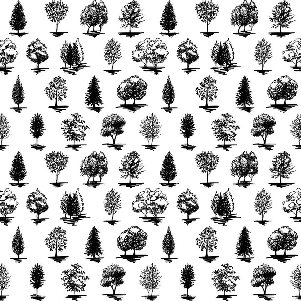 Monocromo silueta de árbol blanco y negro dibujado línea arte sin costura patrón fondo vector
 - Vector, imagen