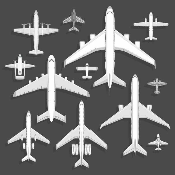 Vector airplanes icons top view vector illustration isolated on background. Travel by airport flight vacation transport passenger plane. Turbine voyage pilot plane jet. - Vector, Image