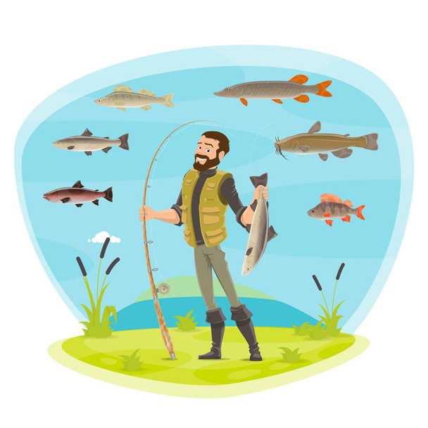 Vector fisherman man fishing and fish catch - Vector, Image