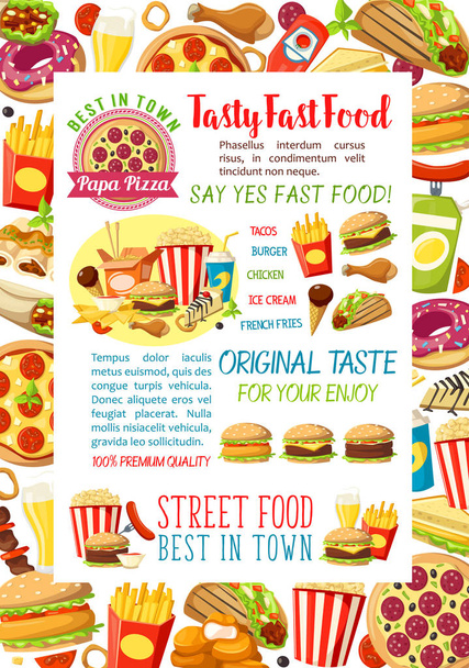 Fast food burgers meals and snacks vector poster - Vector, Image