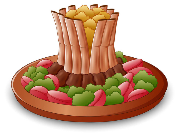 Ilustração vetorial de costelas de carne e legumes em um prato isolado fundo branco
 - Vetor, Imagem