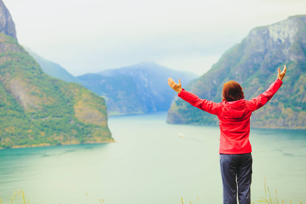 Woman with raised hands in norwegian mountains fjords - Foto, Imagem