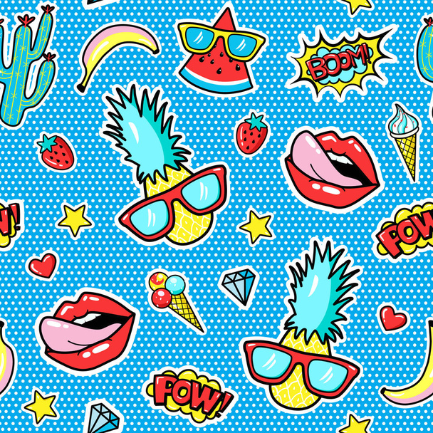 Seamless pattern with fashion patch badges with pineapple, lips, hearts, speech bubbles.  Vector illustration in cartoon 80s-90s style - Vector, Image