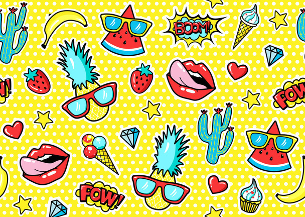 Modèle sans couture avec des badges de patch de mode avec ananas, lèvres, cœurs, bulles d'expression. Illustration vectorielle dans le style dessin animé des années 80-90
 - Vecteur, image