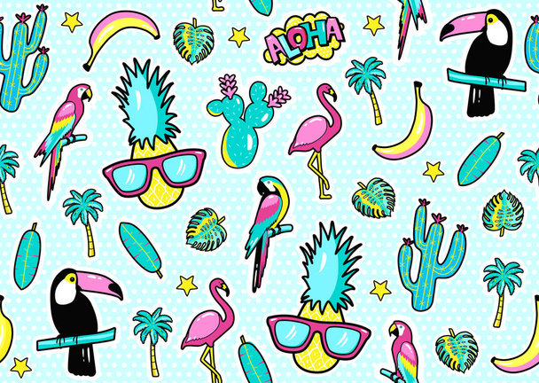 Seamless pattern with fashion patch badges with toucan, flamingo, parrot, exotic leaves, hearts, stars, speech bubbles, pineapple. Vector illustration in cartoon 80s-90s style - Vector, Image
