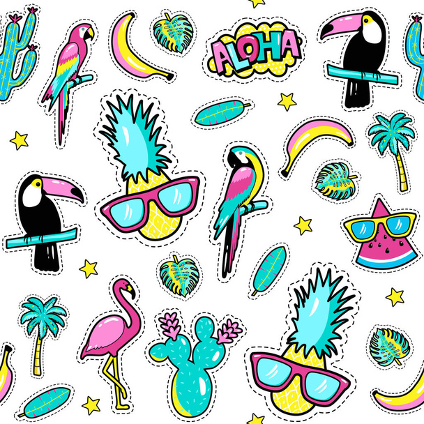 Seamless pattern with fashion patch badges with toucan, flamingo, parrot, exotic leaves, hearts, stars, speech bubbles, pineapple. Vector illustration in cartoon 80s-90s style - Vector, Image