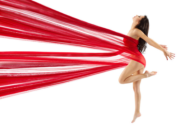Woman Dance Red Fabric, Sexy Model Dancing Modern Sport Gymnastics, Body Beauty Concept - Fotografie, Obrázek