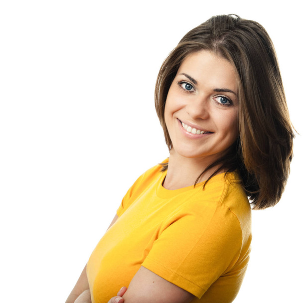 portrait of happy smiling woman dressed in yellow blouse isolated on white background - Photo, image