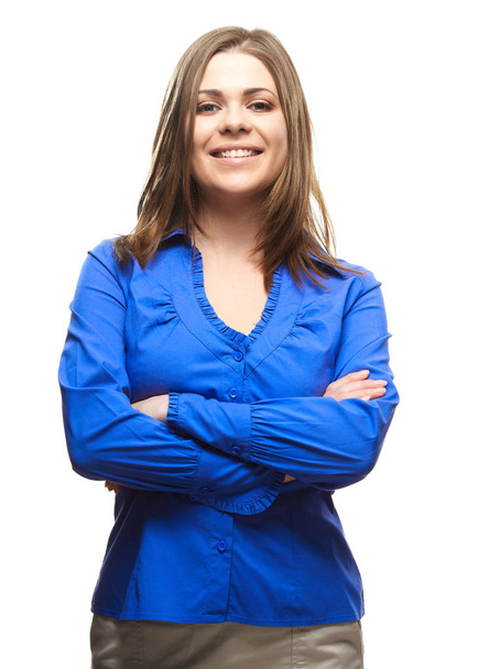 Portrait of happy smiling woman dressed in blue blouse standing with crossed arms isolated on white background - Φωτογραφία, εικόνα