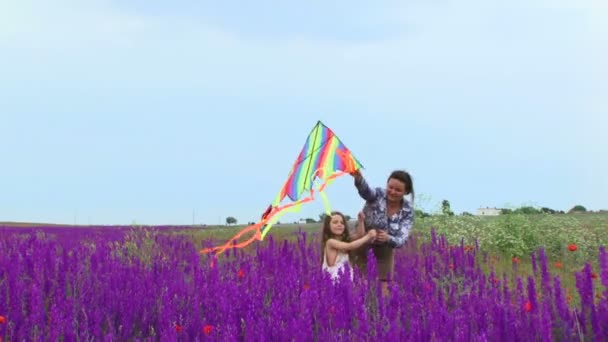 anya és lánya dob egy kite. egy nő, egy kis gyerek fut át egy mezőt, gyönyörű virágok és dob egy kite. - Felvétel, videó