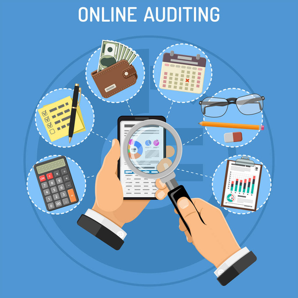 オンライン監査、税務処理、会計の概念 - ベクター画像