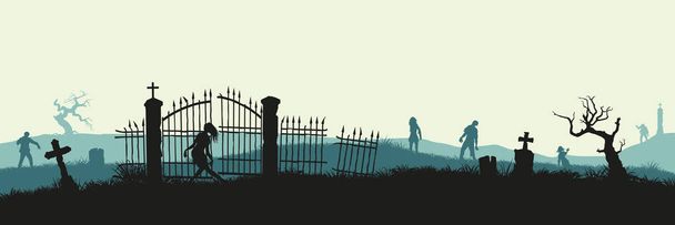 Zombik a temetőben háttér fekete sziluettje. Nightmare-táj halott emberek. Panoráma élőhalott szörny és sírkő. Halloween - Vektor, kép