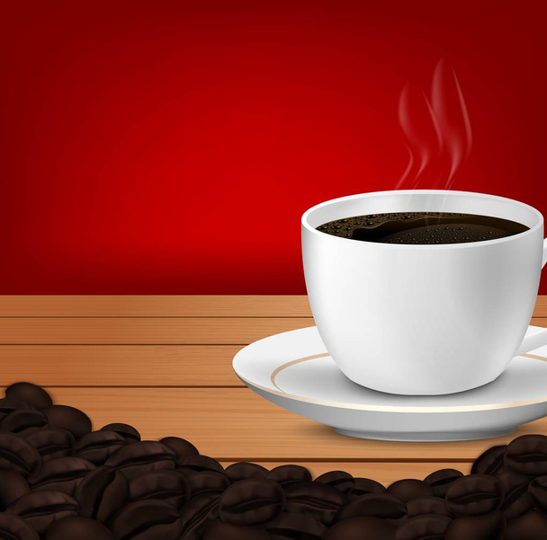 Vektor Illustration der Tasse Kaffee und Kaffeebohnen Holztischhintergrund - Vektor, Bild