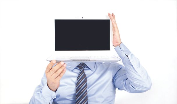 άνθρωπος με επικεφαλής τον υπολογιστή - Φωτογραφία, εικόνα