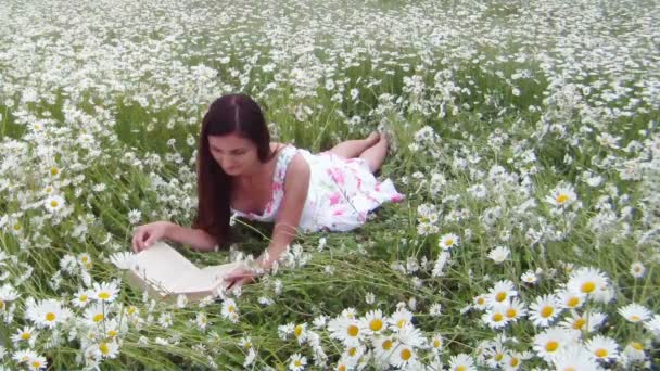 junges Mädchen beim Lesen eines Buches. ein junges Mädchen sitzt auf einem wunderschönen Kamillenfeld und liest weitere Bücher. - Filmmaterial, Video