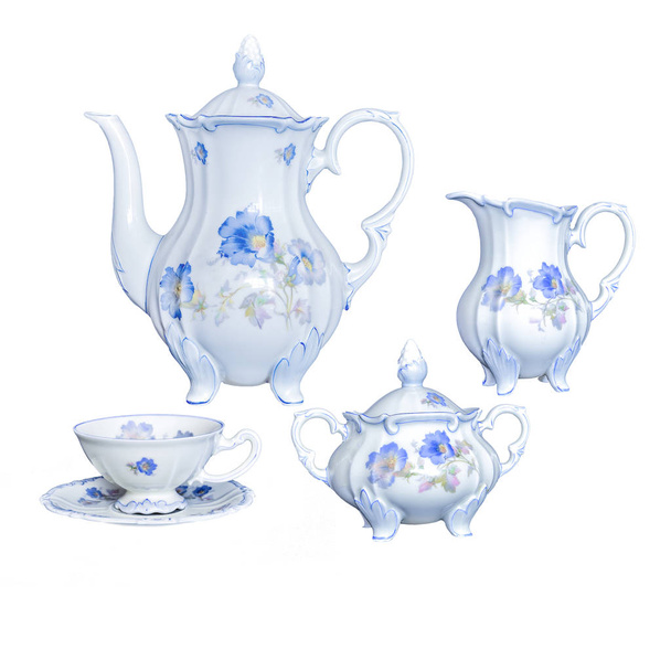 Винтажный антикварный элегантный фарфоровый чай посуда на белой спинке
 - Фото, изображение