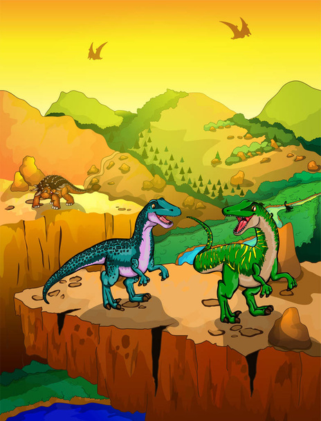 Velociraptors de desenho animado bonito com fundo de paisagem
.  - Vetor, Imagem