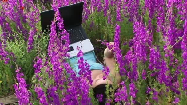 a lány feküdt a laptop. lány a szép virágok területén feküdt, és képzett a laptop. - Felvétel, videó